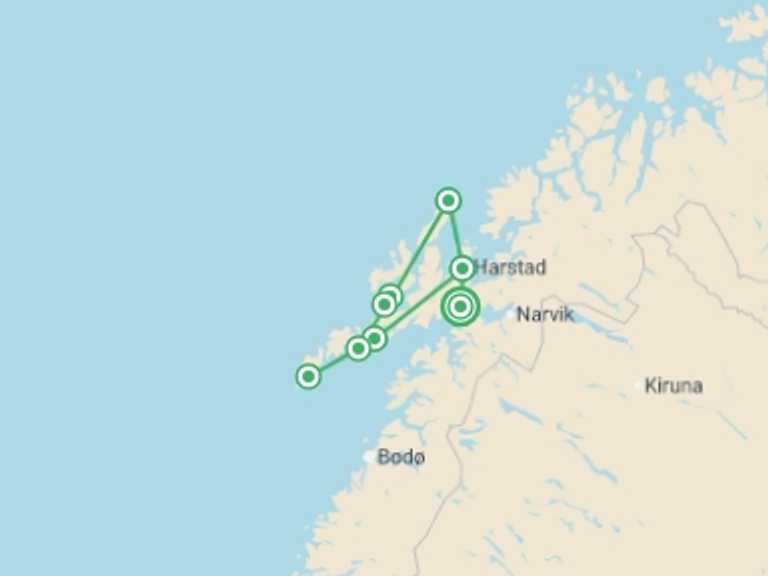 Map of a Explorer Tour with 7 destination visits for the trip: Lofoten Islands Self Drive - 10 days