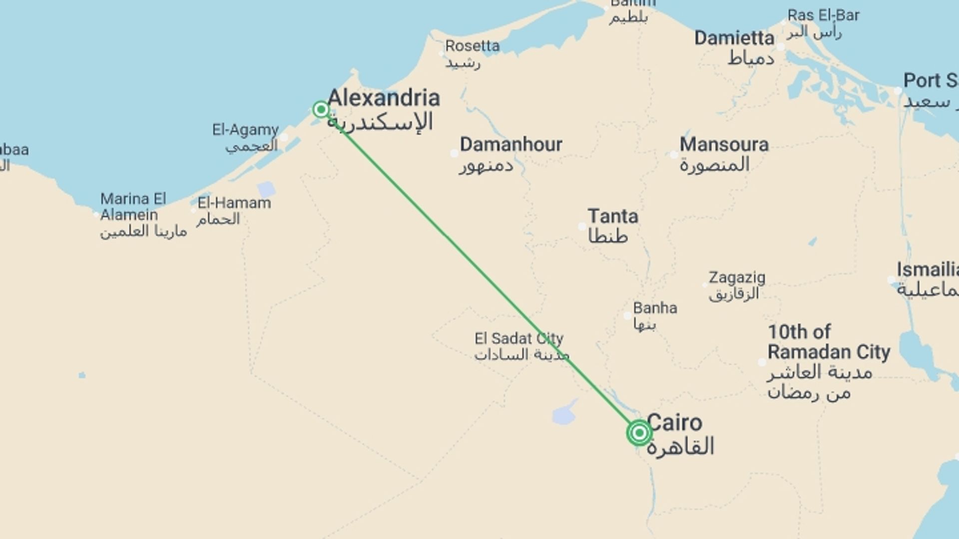 A map showing the tour itinerary for the trip: Alexandria City Stay - 4 days, starting in Cairo, Egypt and ending in Cairo, Egypt going through 1 other destinations.