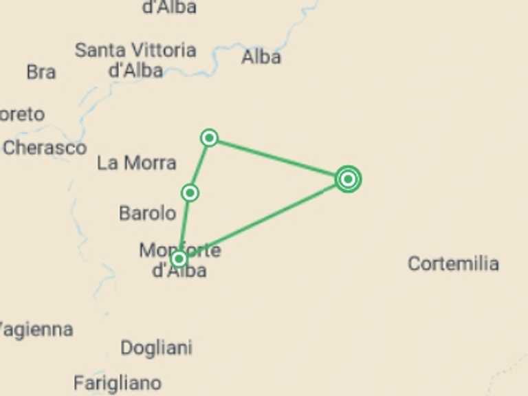 Map itinerary of Europe Tour in October 2026 with 4 destination visits for the trip: Gastronomic Barolo Walk