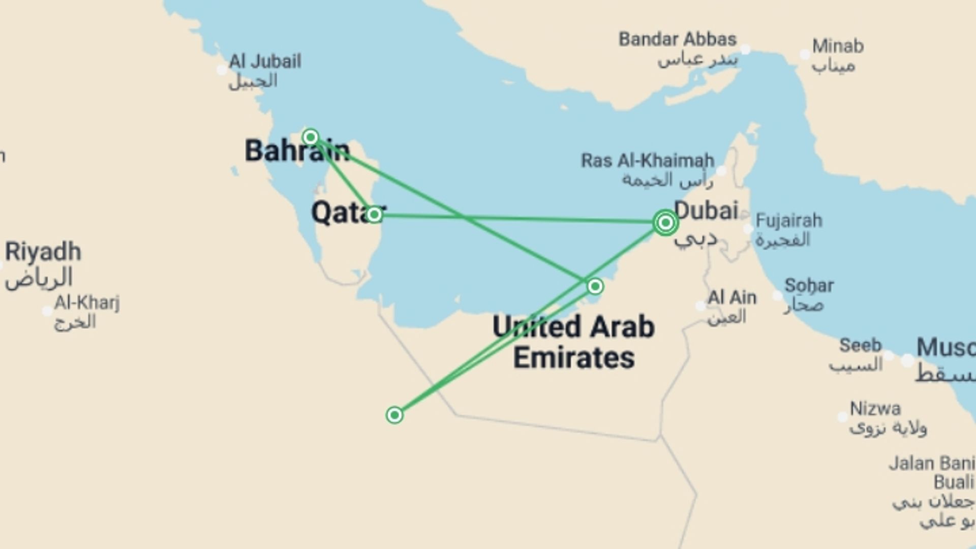 A map showing the tour itinerary for the trip: Dubai and 07 Nights Persian Gulf Cruise, starting in Dubai, UAE and ending in Dubai, UAE going through 3 other destinations.