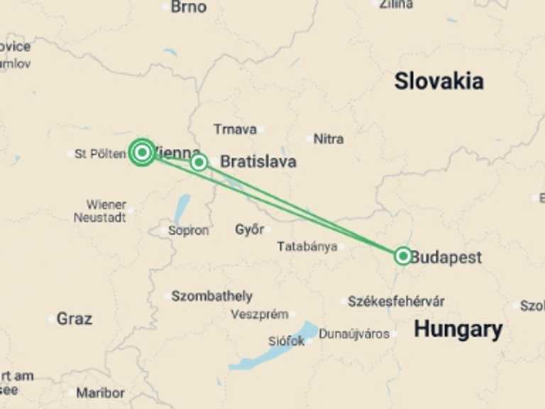 Map of Europe Tour with 3 destination visits for the trip: Taking in 3 countries: The Danube and its traditions (port-to-port cruise)