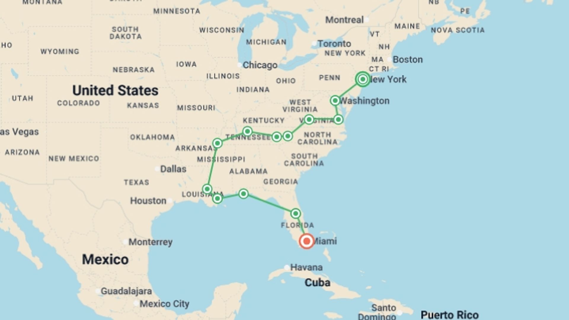 A map showing the tour itinerary for the trip: Southern Explorer, starting in New York, USA and ending in Miami, USA going through 8 other destinations.