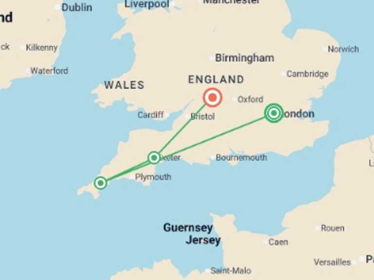 Map itinerary of London Tour in May 2027 with 4 destination visits for the trip: Shades of the English Countryside featuring London, Cornwall & The Cotswolds