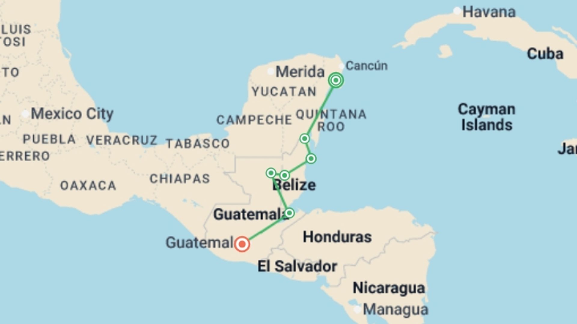 A map showing the tour itinerary for the trip: Maya Encounter, starting in Playa Del Carmen, Mexico and ending in Antigua, Guatemala going through 5 other destinations.