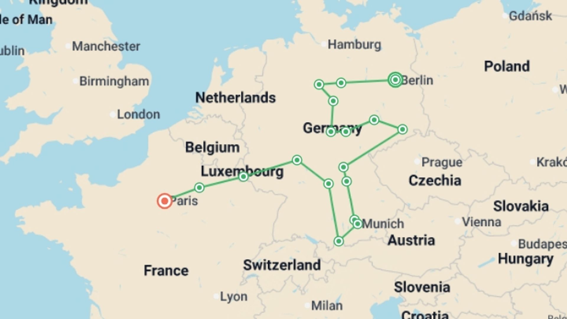 A map showing the tour itinerary for the trip: Full Germany Circuit, Ending in Paris, starting in Berlin, Germany and ending in Paris, France going through 6 other destinations.