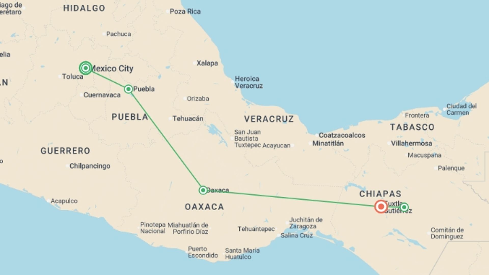A map showing the tour itinerary for the trip: Flavors and Cultures, starting in Mexico City, Mexico and ending in Tuxtla Gutiérrez, Mexico going through 3 other destinations.