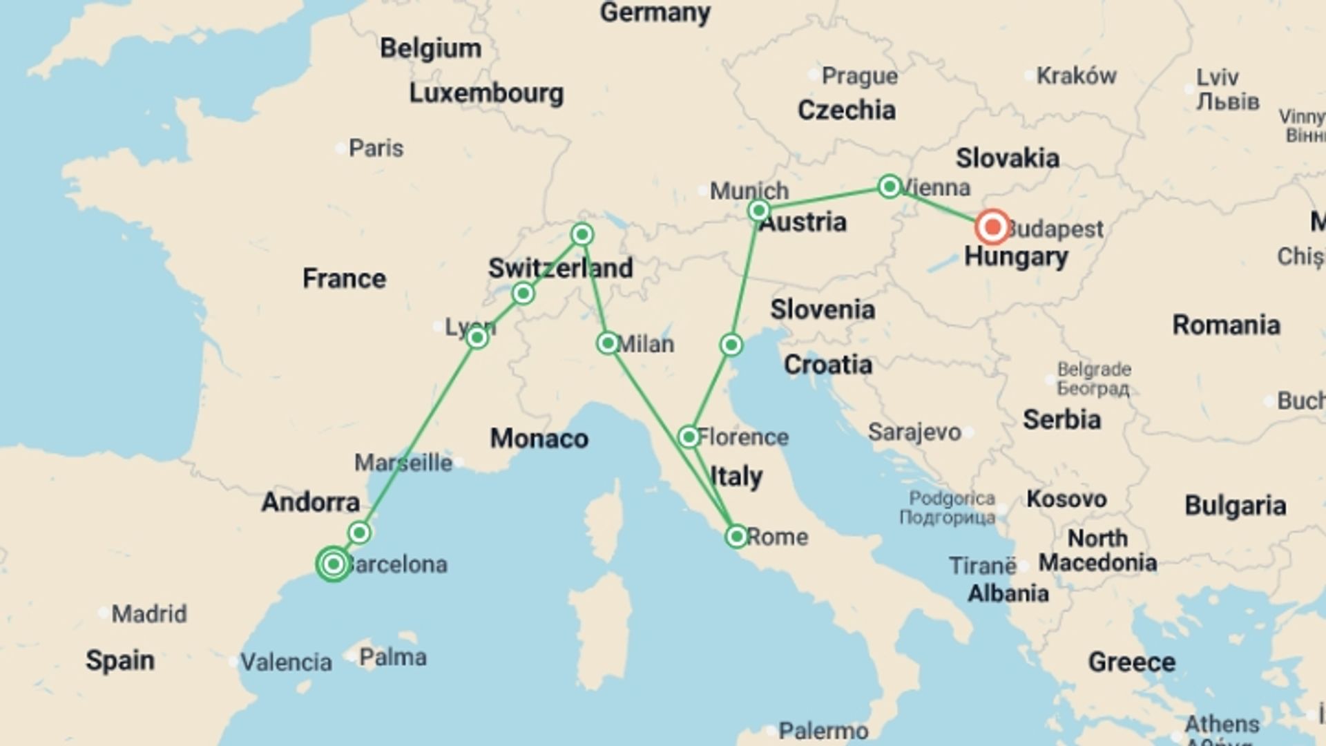 A map showing the tour itinerary for the trip: Magical Europe with Budapest, starting in Barcelona, Spain and ending in Budapest, Hungary going through 10 other destinations.