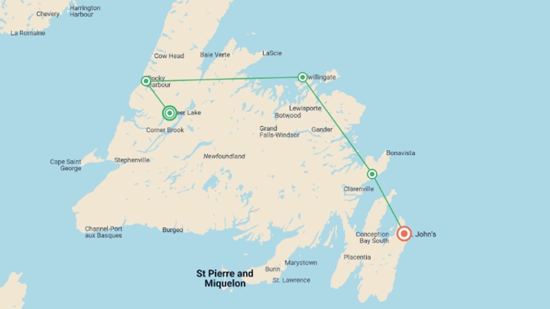 A map showing the tour itinerary for the trip: Newfoundland Adventure: Eastbound, starting in Deer Lake, Canada and ending in St John, Canada going through 3 other destinations.
