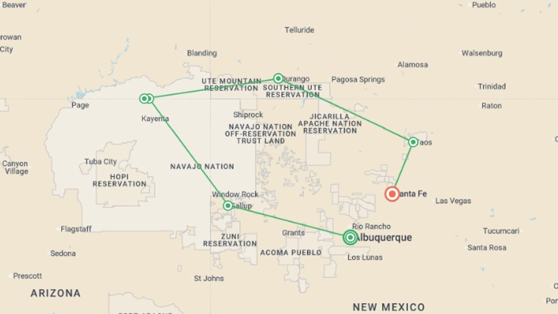 A map showing the tour itinerary for the trip: Southwest Native Trails, starting in Albuquerque, USA and ending in Santa Fe, USA going through 5 other destinations.