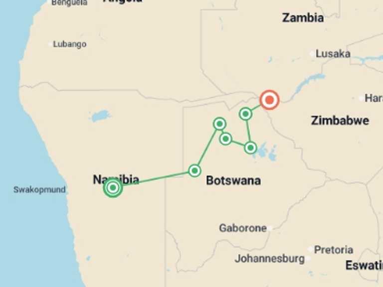 Map itinerary of Africa Tour in July 2026 with 7 destination visits for the trip: Botswana Adventure