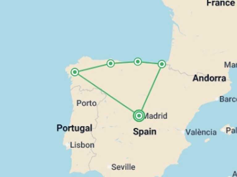 Map itinerary of Mediterranean Tour in October 2026 with 5 destination visits for the trip: Grand tour of Northern Spain