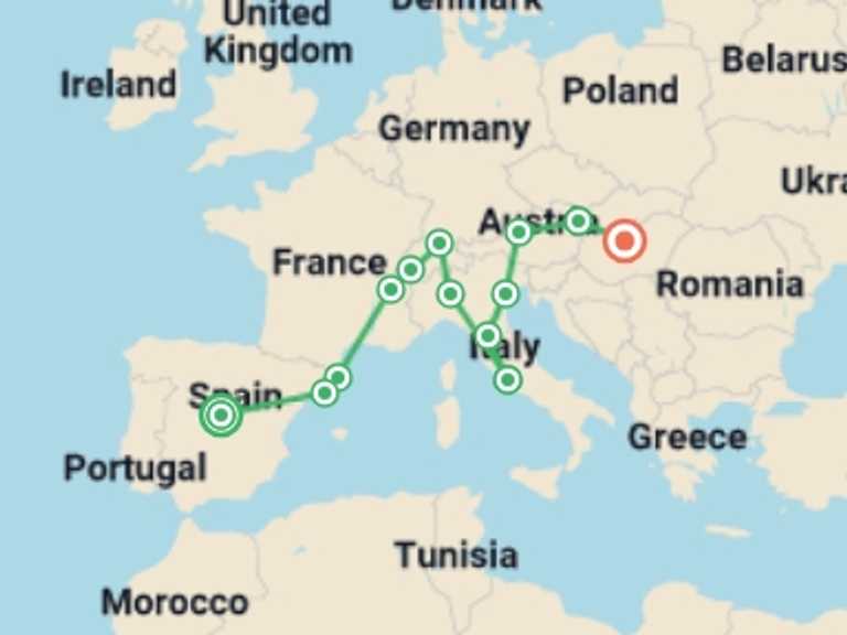 Map itinerary of Budapest Tour in December 2026 with 13 destination visits for the trip: Best European Panorama