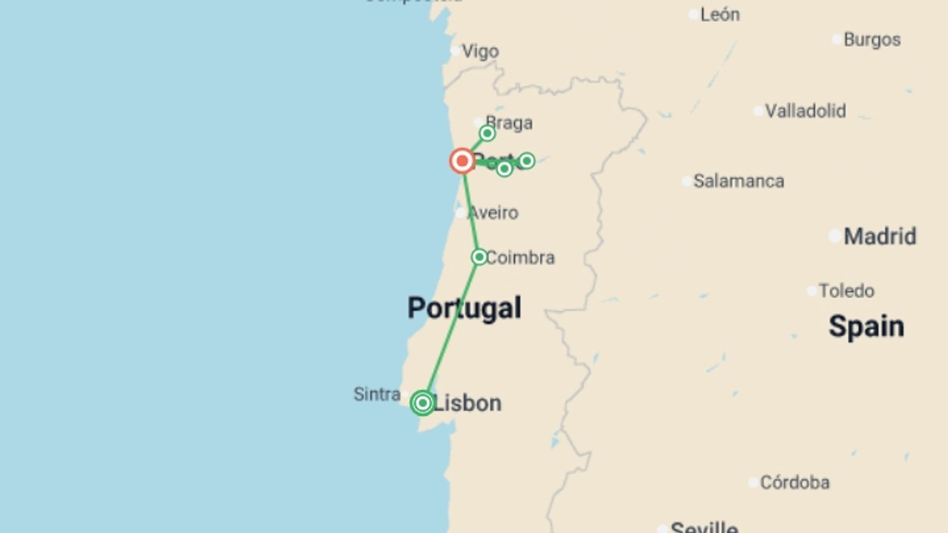 A map showing the tour itinerary for the trip: Discover Lisbon, Porto and the Douro Valley (port-to-port cruise), starting in Lisbon, Portugal and ending in Porto, Portugal going through 2 other destinations.