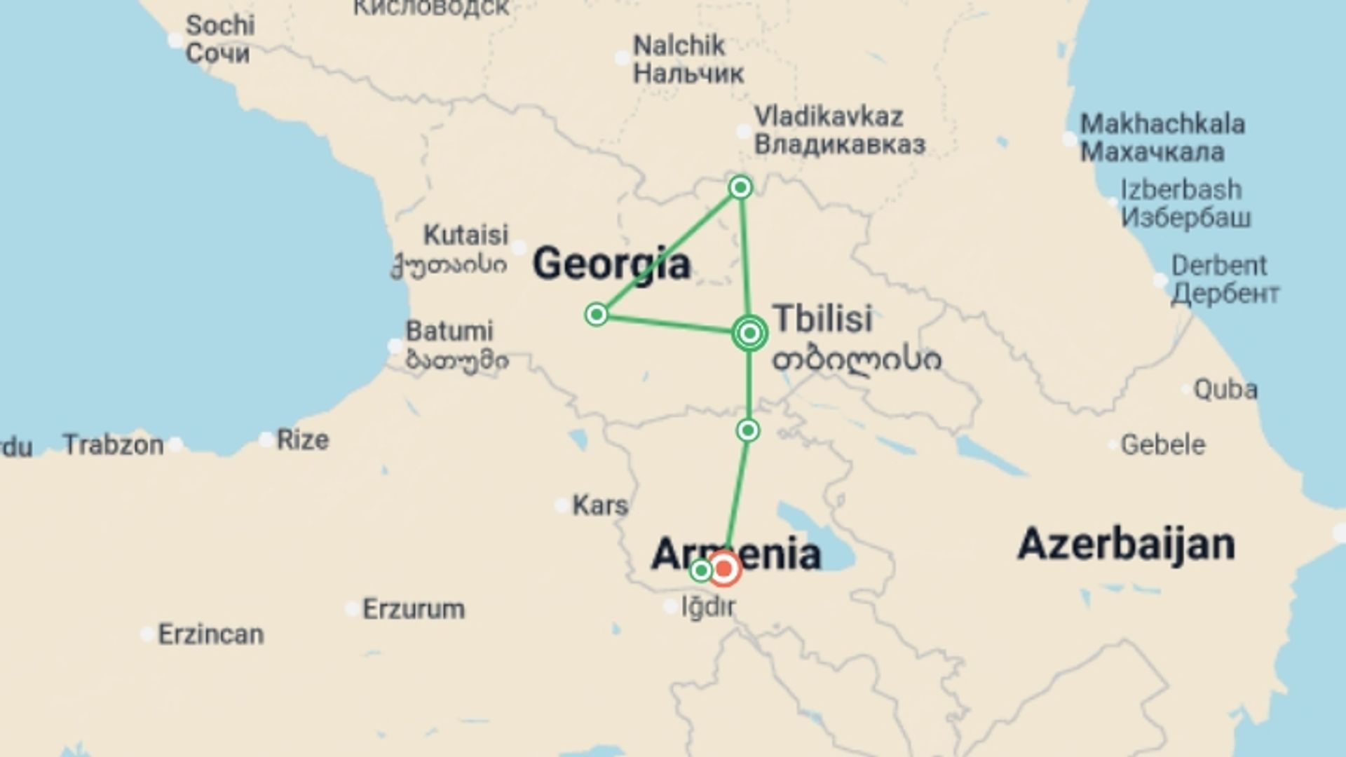 A map showing the tour itinerary for the trip: Upgraded - Treasures of Georgia and Armenia, starting in Tbilisi, Georgia and ending in Yerevan, Armenia going through 4 other destinations.