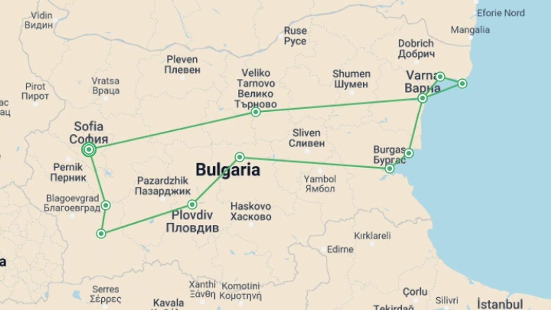 A map showing the tour itinerary for the trip: Go Local: Best Of Bulgaria, Self-drive, starting in Sofia, Bulgaria and ending in Sofia, Bulgaria going through 5 other destinations.
