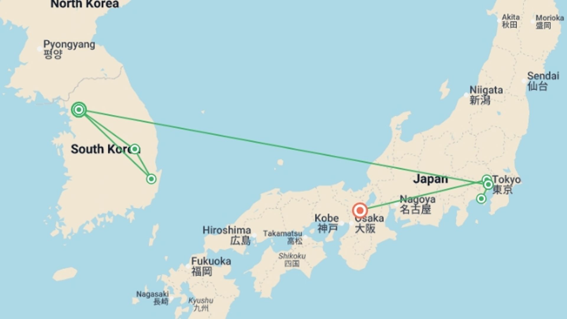 A map showing the tour itinerary for the trip: South Korea & Japan Discovery - 14 Days, starting in Seoul, South Korea and ending in Kyoto, Japan going through 4 other destinations.