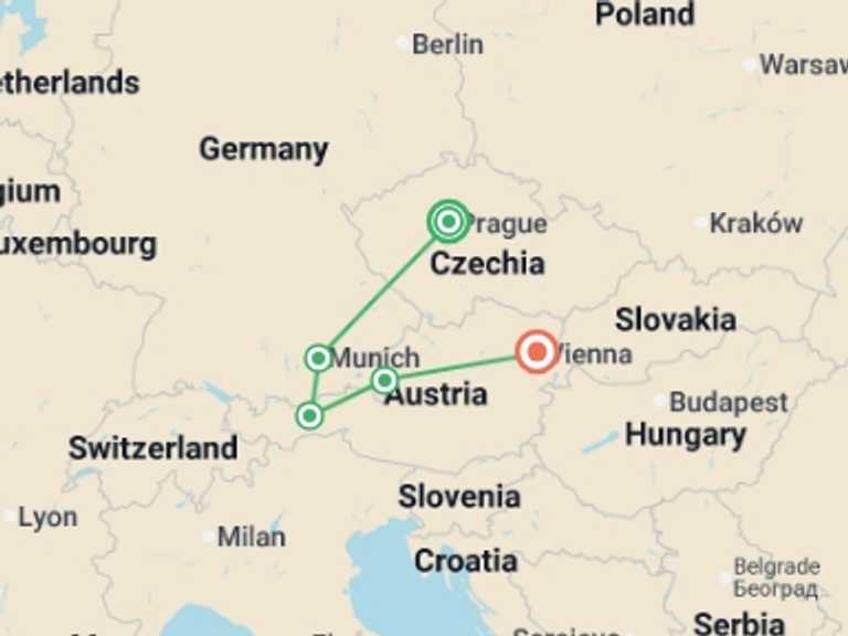 Map of Europe Tour with 4 destination visits for the trip: Prague, Munich and Austria