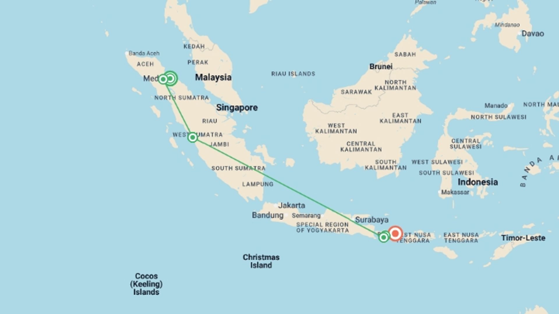 A map showing the tour itinerary for the trip: Bali & Sumatra Adventure, starting in Medan, Indonesia and ending in Gili Trawangan, Indonesia going through 4 other destinations.