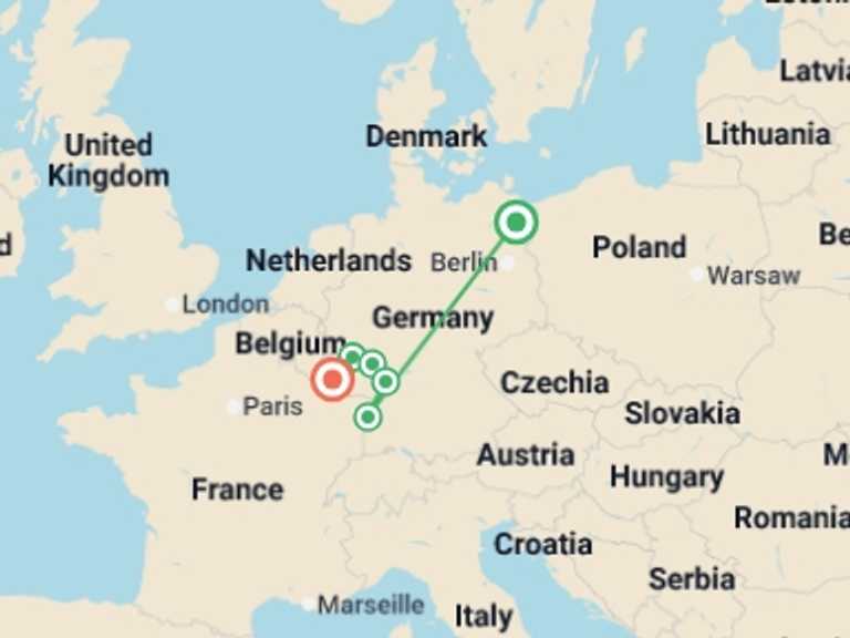 Map of Europe Tour with 5 destination visits for the trip: 4 Rivers: The Neckar, Romantic Rhine, Moselle, and Sarre Valleys