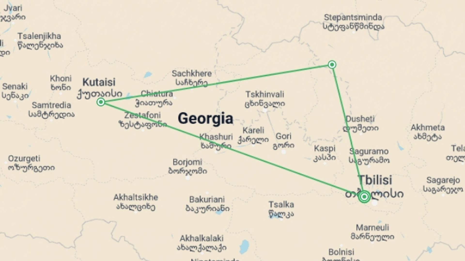 A map showing the tour itinerary for the trip: Georgia Uncovered, starting in Tbilisi, Georgia and ending in Tbilisi, Georgia going through 2 other destinations.