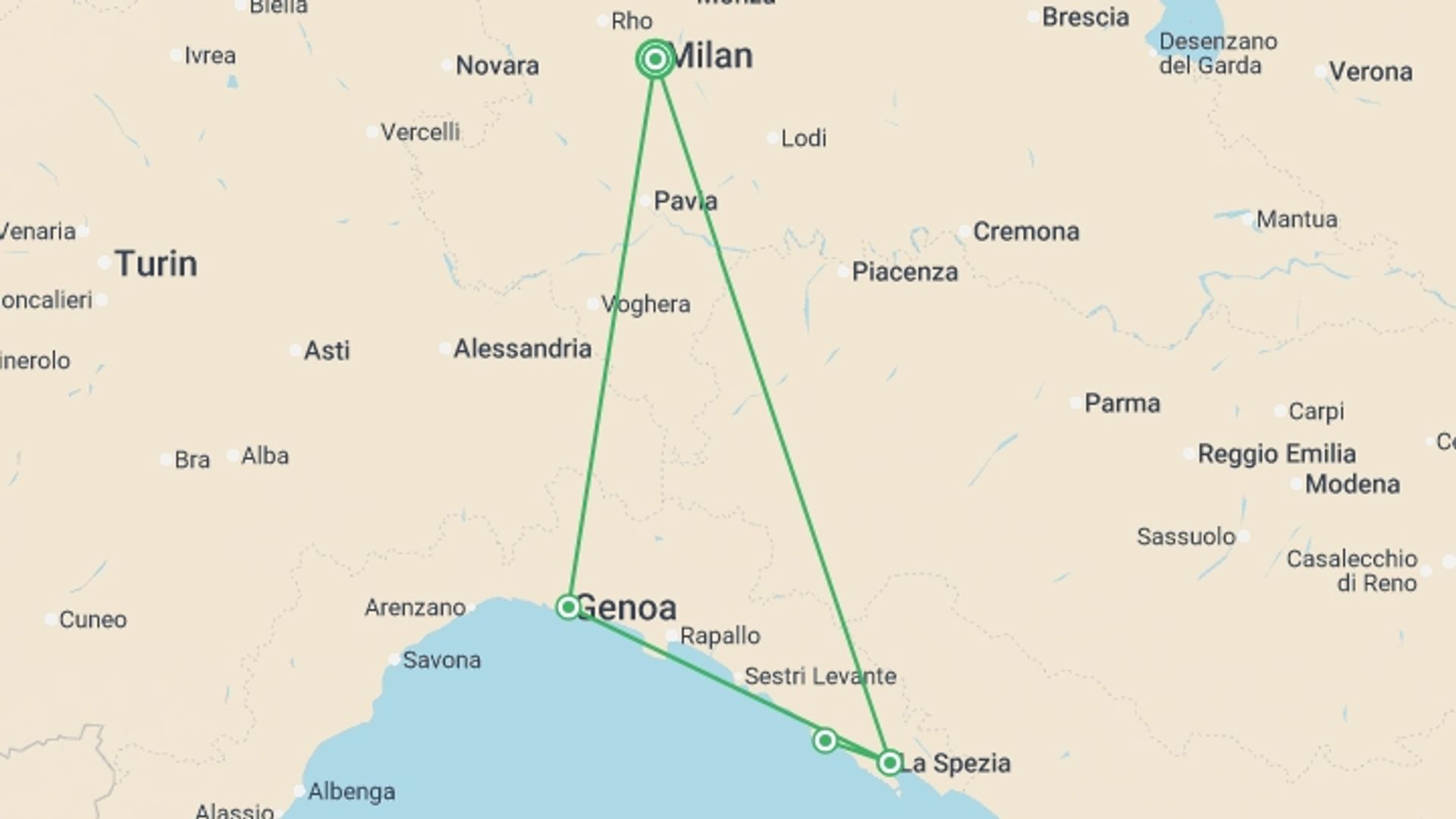 A map showing the tour itinerary for the trip: Milan & Liguria Highlights - 6 days, starting in Milan, Italy and ending in Milan, Italy going through 1 other destinations.