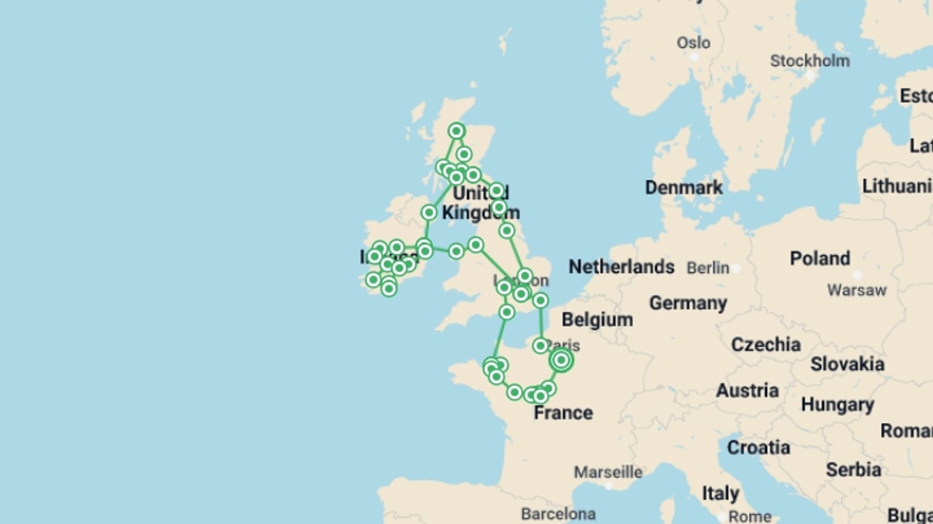 A map showing the tour itinerary for the trip: British Isles with Brittany and Loire Castles, starting in Paris, France and ending in Paris, France going through 14 other destinations.