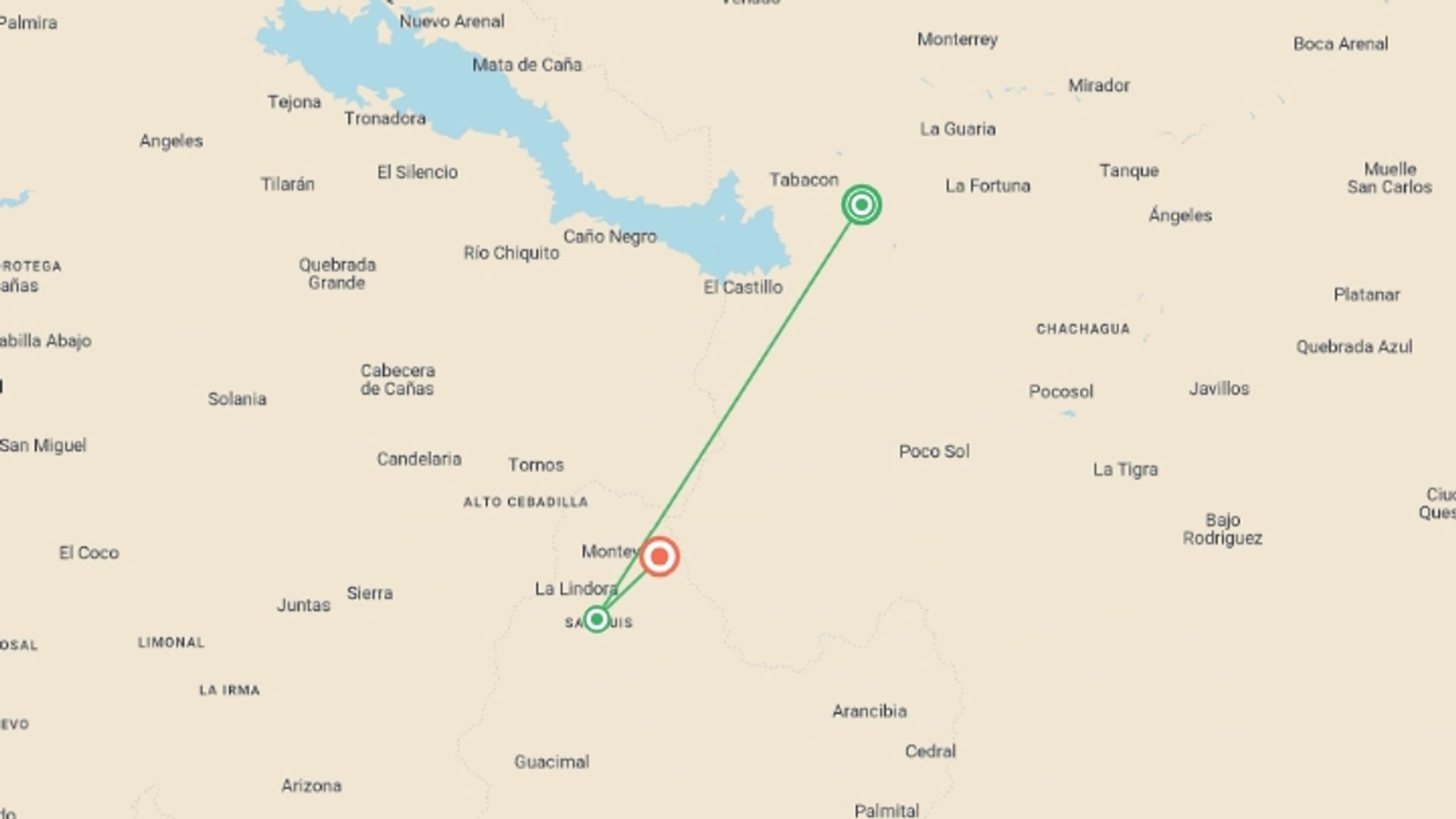 A map showing the tour itinerary for the trip: 4-day Arenal & Monteverde Essentials, starting in Arenal Volcano, Costa Rica and ending in Monteverde Cloud Forest Biological Preserve, Costa Rica going through 2 other destinations.