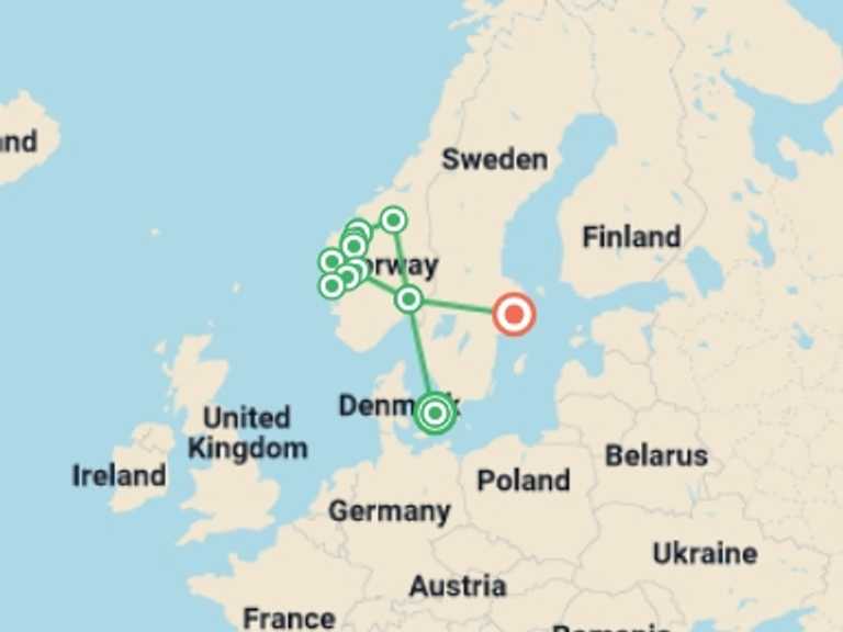 Map itinerary of Europe Tour in August 2026 with 8 destination visits for the trip: Copenhagen, Norwegian Fjords & Stockholm - 13 days