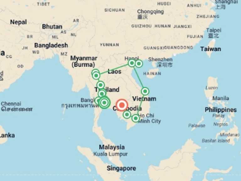 Map itinerary of Hanoi Tour in April 2027 with 13 destination visits for the trip: Premium South East Asia in Depth