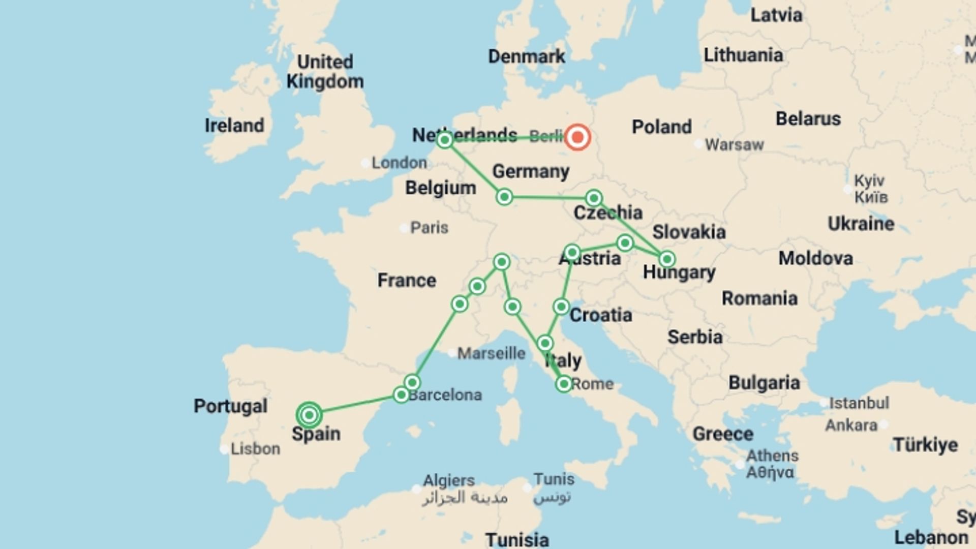 A map showing the tour itinerary for the trip: Europe in Depth, starting in Madrid, Spain and ending in Berlin, Germany going through 15 other destinations.