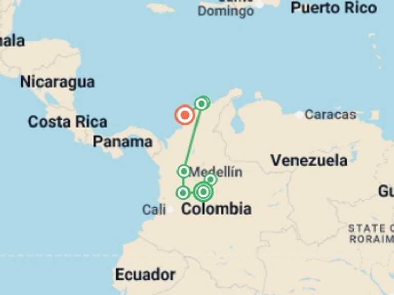 Map itinerary of South America Tour in February 2026 with 6 destination visits for the trip: Highlights of Colombia - 11 days