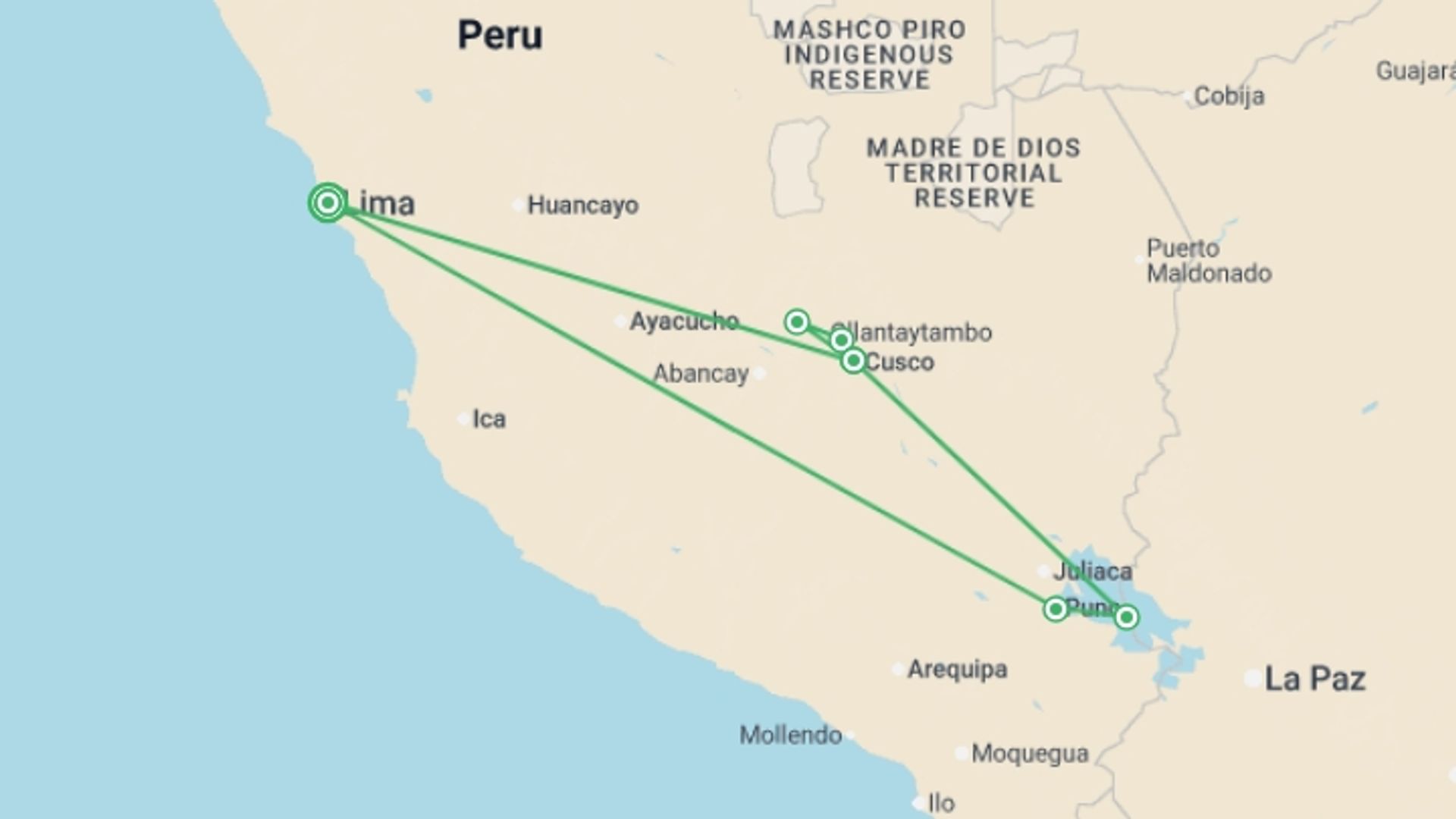 A map showing the tour itinerary for the trip: Lima to the Lost City & Lake Titicaca - 11 days, starting in Lima, Peru and ending in Lima, Peru going through 3 other destinations.