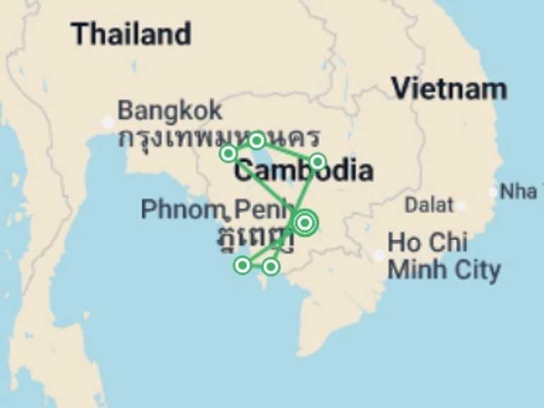 Map of Asia Natural landmarks sightseeing Tour with 6 destination visits for the trip: Best of Cambodia