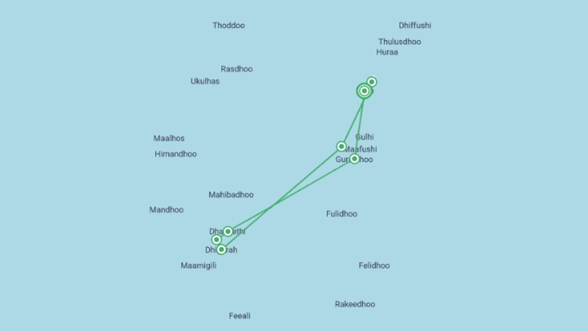 A map showing the tour itinerary for the trip: Marine Wildlife of the Maldives, starting in Male, Maldives and ending in Male, Maldives going through 6 other destinations.