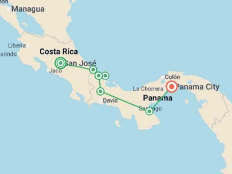 Map itinerary of South America Tour in November 2026 with 7 destination visits for the trip: Costa Rica & Panama Discovery
