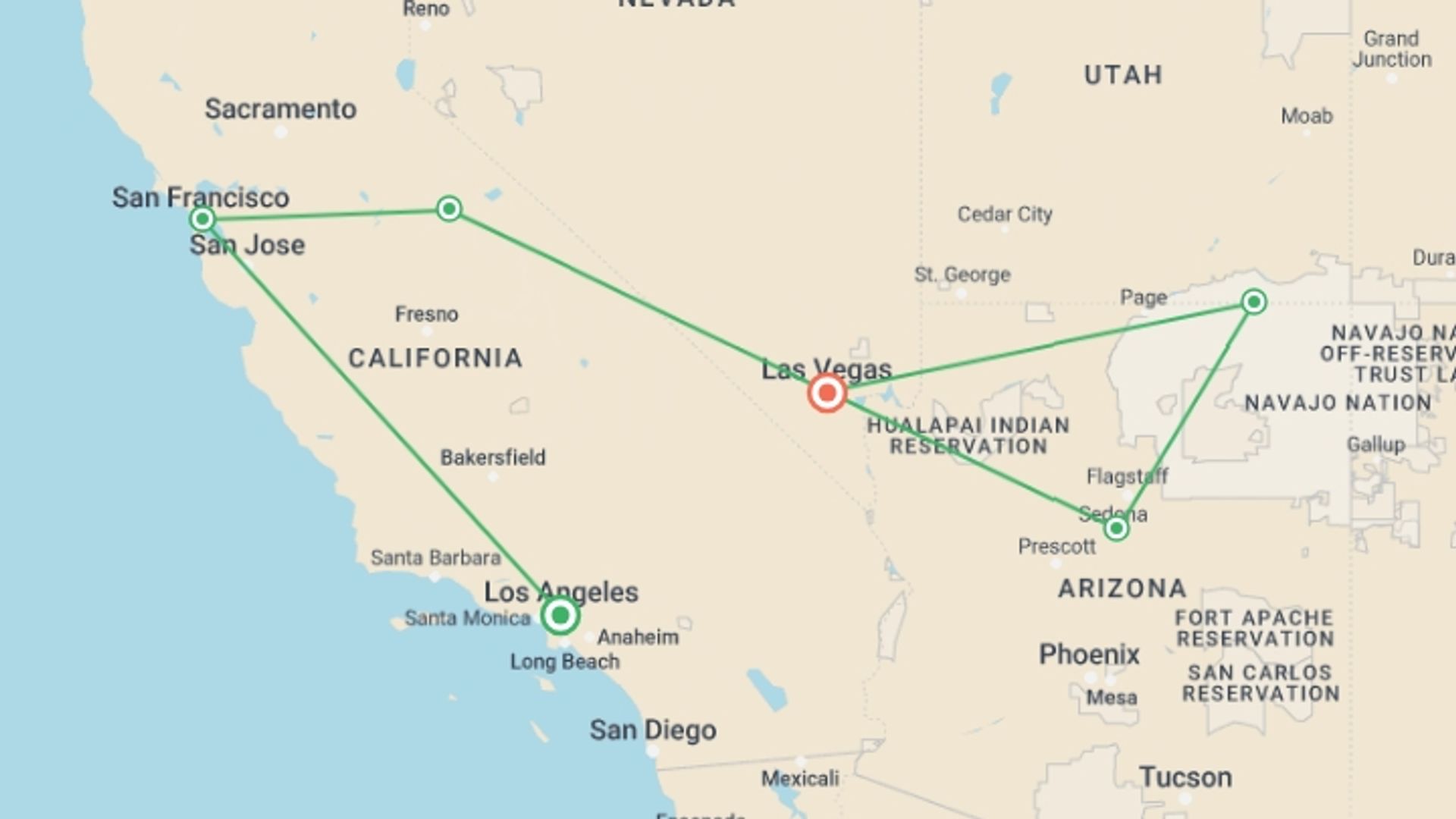 A map showing the tour itinerary for the trip: Magnificent West 8D/7N (From Los Angeles), starting in Los Angeles, USA and ending in Las Vegas, USA going through 4 other destinations.