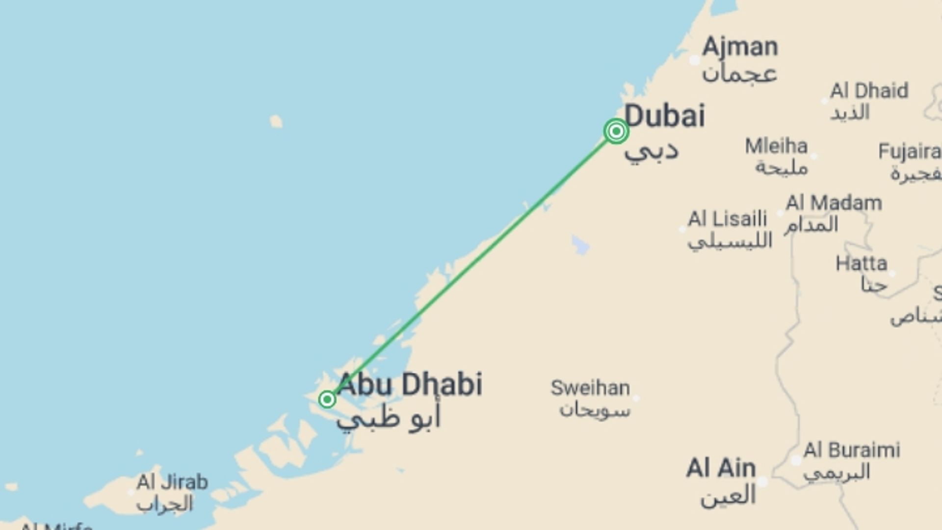 A map showing the tour itinerary for the trip: Highlights of Abu Dhabi - 6 days, starting in Dubai, UAE and ending in Dubai, UAE going through 1 other destinations.