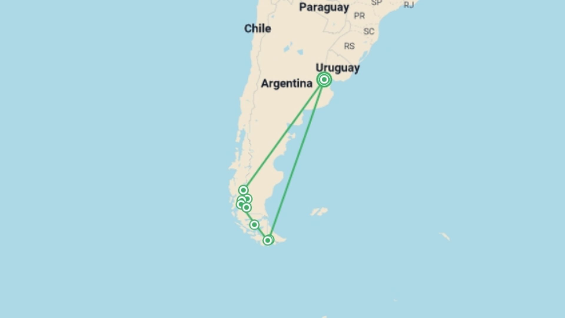 A map showing the tour itinerary for the trip: Adventures in Patagonia, starting in Buenos Aires, Argentina and ending in Buenos Aires, Argentina going through 8 other destinations.