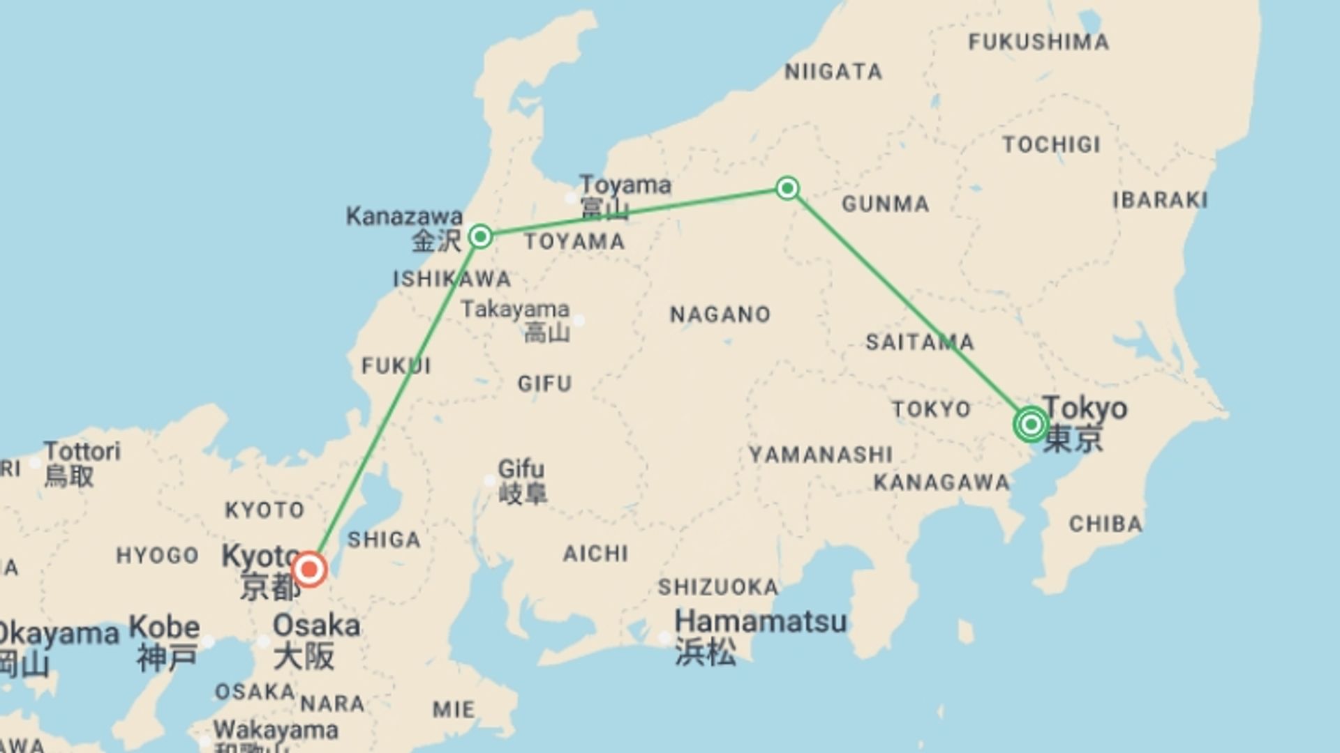 A map showing the tour itinerary for the trip: Premium Highlights of Japan, starting in Tokyo, Japan and ending in Kyoto, Japan going through 2 other destinations.
