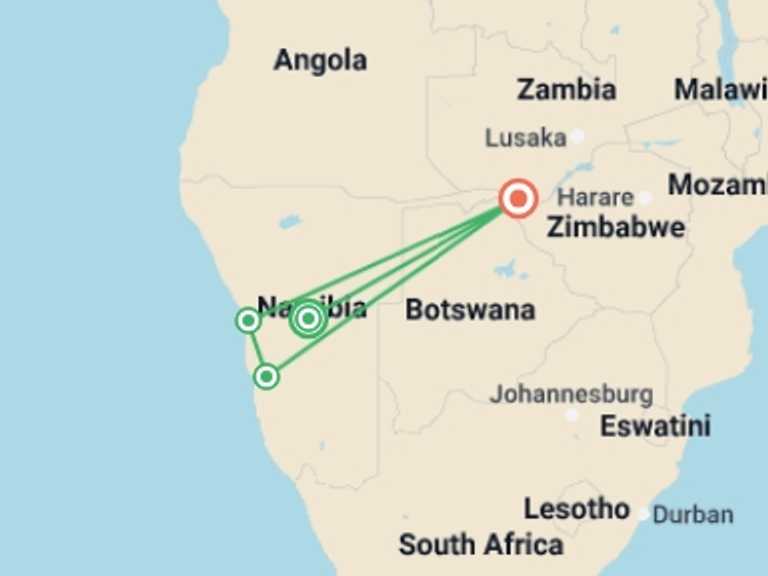 Map of Africa Walking Tour with 4 destination visits for the trip: Namibia to Victoria Falls Explorer