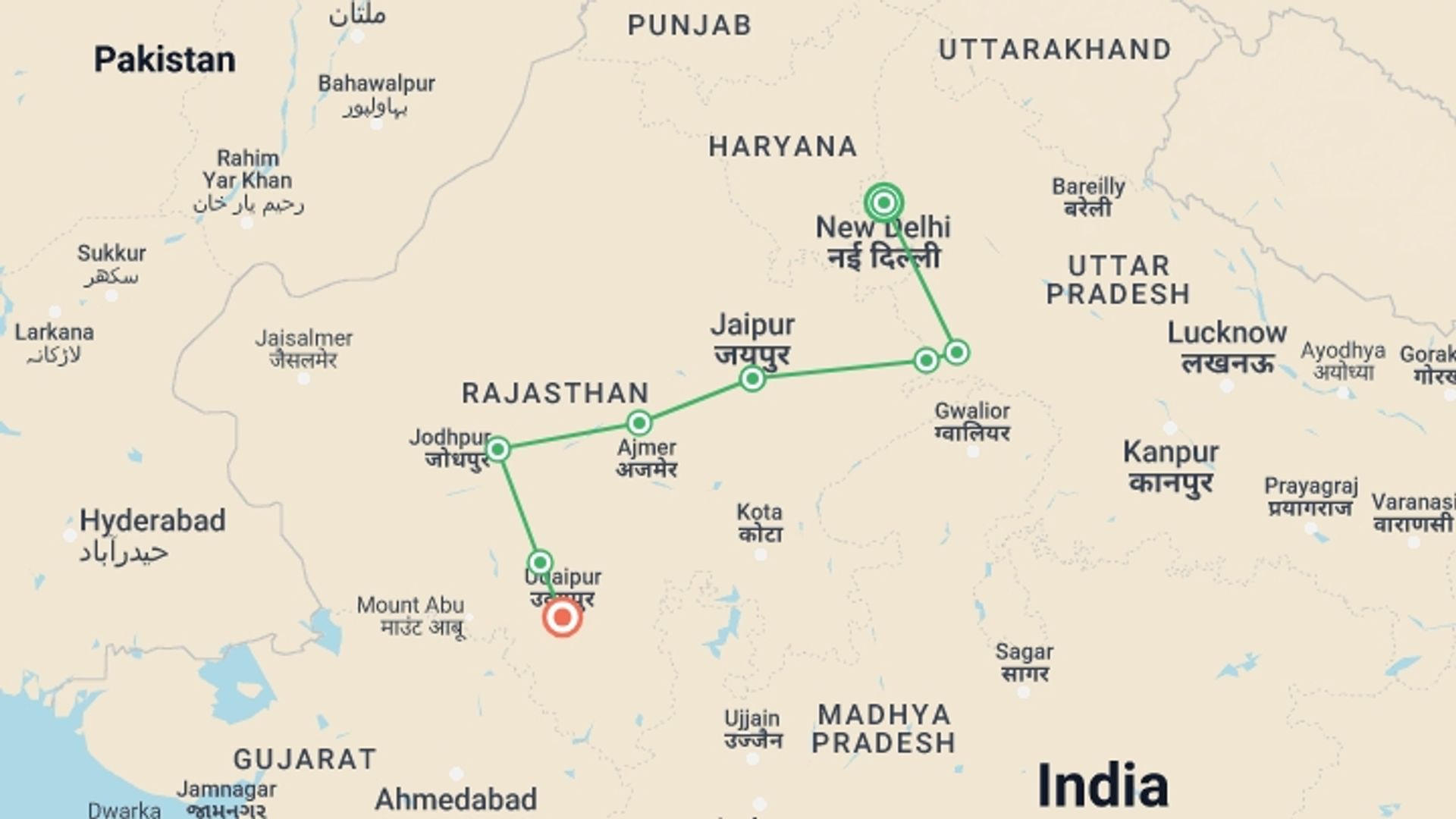 A map showing the tour itinerary for the trip: HIGHLIGHTS OF RAJASTHAN, starting in New Delhi, India and ending in Udaipur, India going through 4 other destinations.