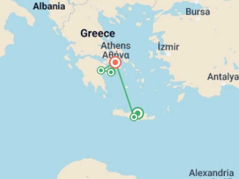 Map of a Cultural, religious and historic sites Tour with 6 destination visits for the trip: A Taste of Greece - Crete to the Peloponnese