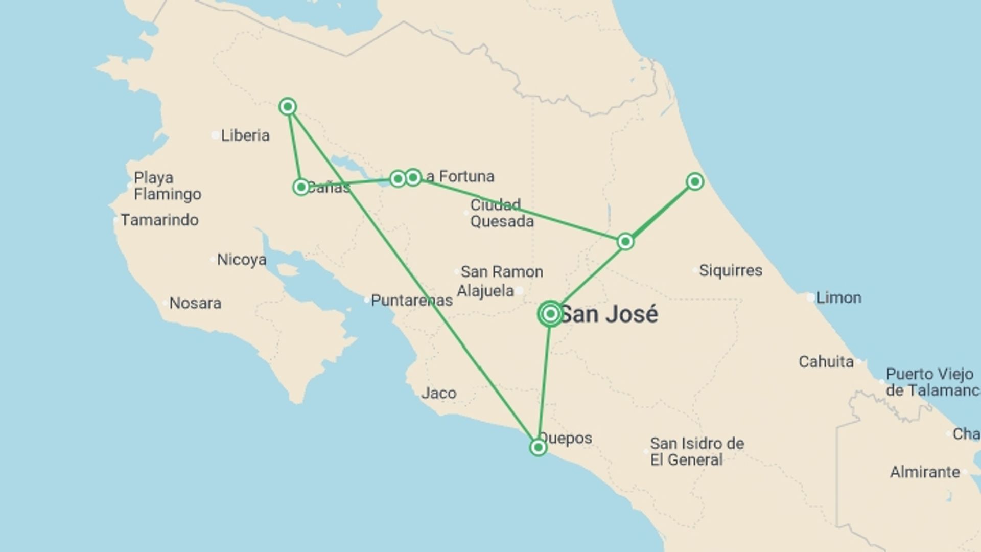 A map showing the tour itinerary for the trip: Cycle Costa Rica, starting in San Jose, Costa Rica and ending in San Jose, Costa Rica going through 7 other destinations.