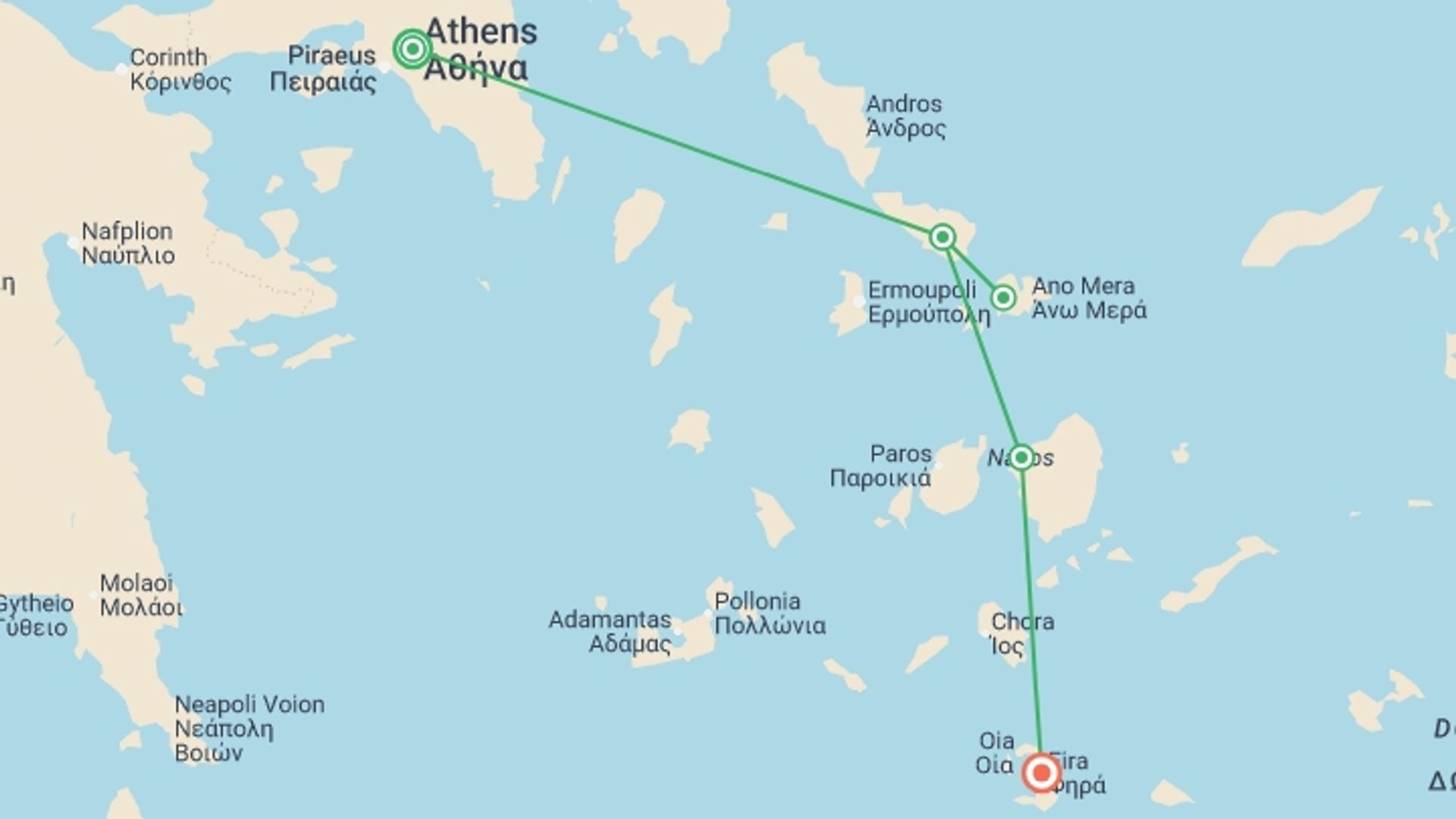 A map showing the tour itinerary for the trip: Solo-ish Greece, starting in Athens, Greece and ending in Santorini, Greece going through 3 other destinations.