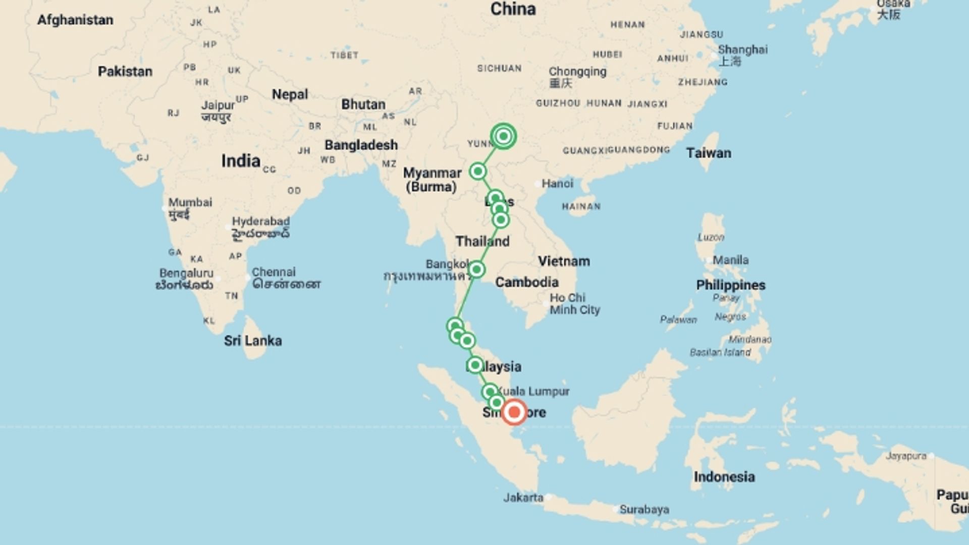 A map showing the tour itinerary for the trip: China to Singapore Adventure, starting in Kunming, China and ending in Singapore, Singapore going through 11 other destinations.