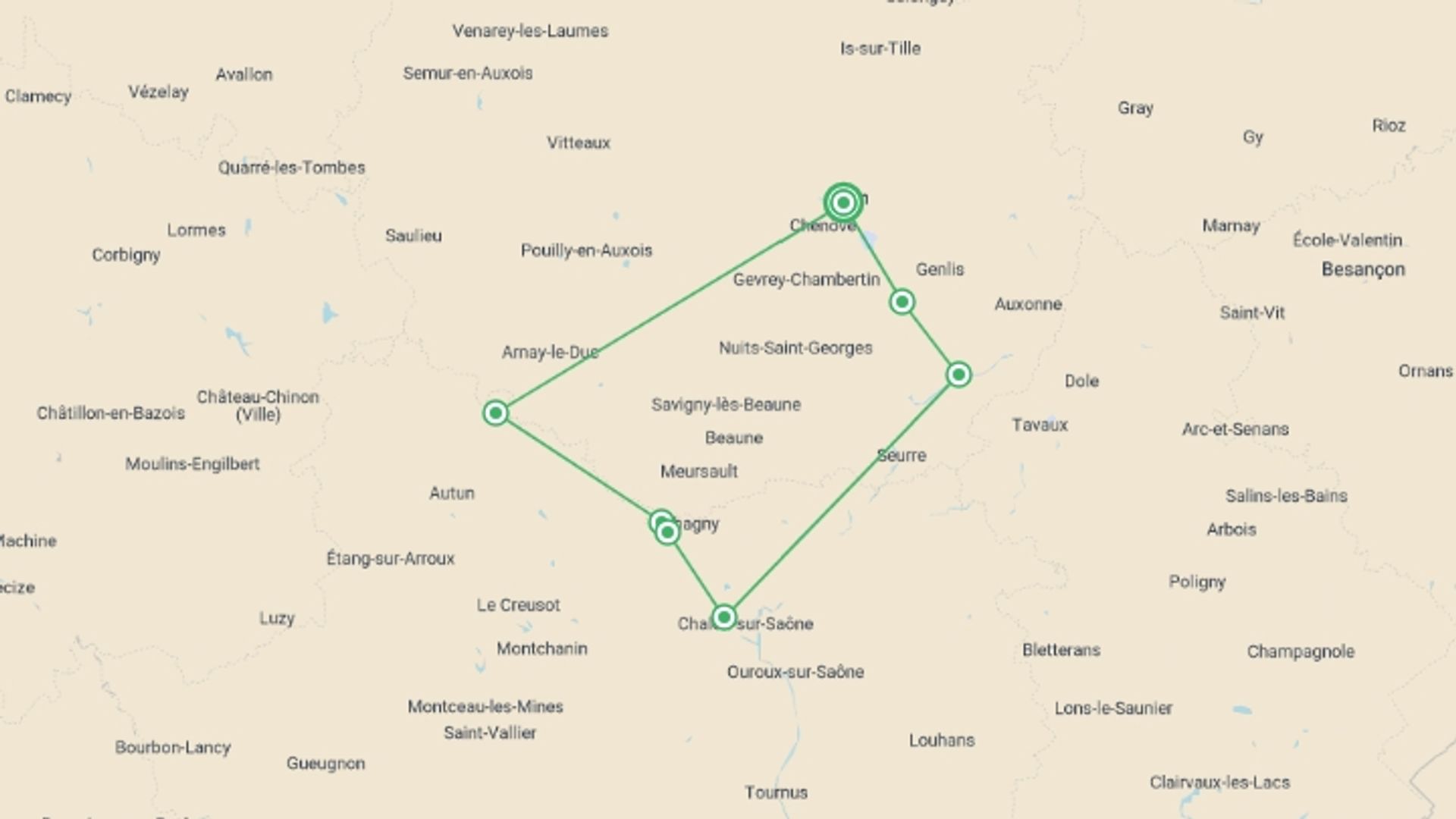 A map showing the tour itinerary for the trip: Fine Food and Wines on a Cruise through the Burgundy Region (port-to-port cruise), starting in Dijon, France and ending in Dijon, France going through 5 other destinations.