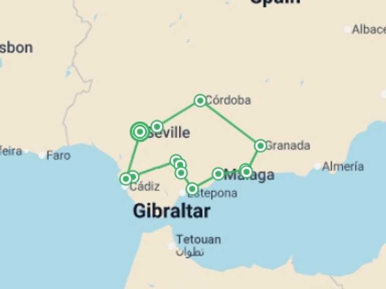Map of Granada Explorer Tour with 5 destination visits for the trip: Andalusian Tradition