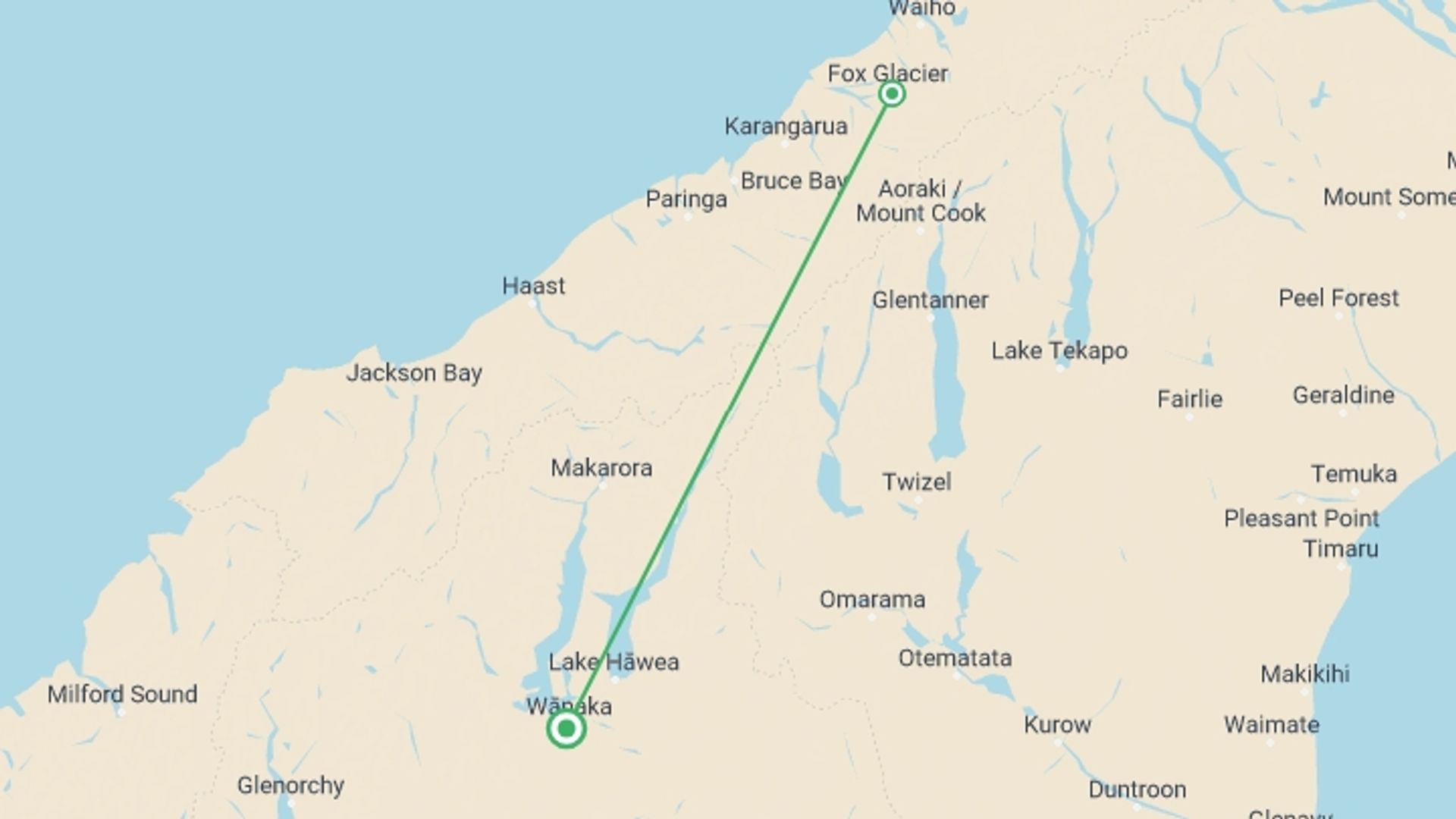 A map showing the tour itinerary for the trip: Alpine Climbing Course, starting in Wanaka, New Zealand and ending in Wanaka, New Zealand going through 1 other destinations.