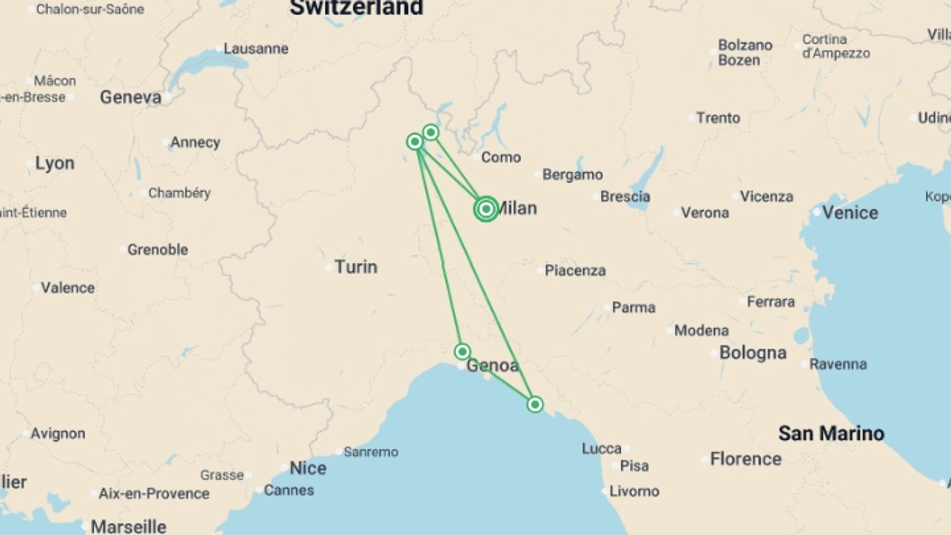 A map showing the tour itinerary for the trip: Northern Italy Including Cinque Terre, starting in Milan, Italy and ending in Milan, Italy going through 4 other destinations.