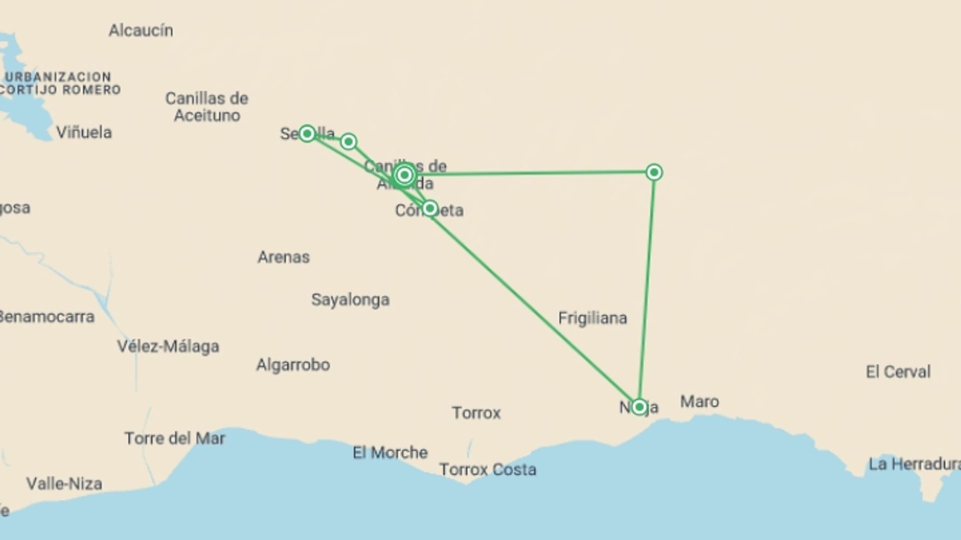 A map showing the tour itinerary for the trip: White Villages of Andalucia Walk, starting in Canillas De Albaida, Spain and ending in Canillas De Albaida, Spain going through 5 other destinations.